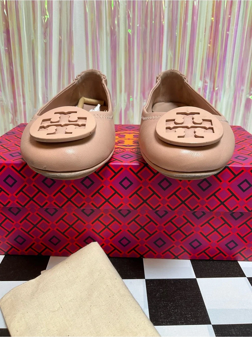 Tory Burch Blush Pink Reva Leather Ballet Flats with Logo Medallion